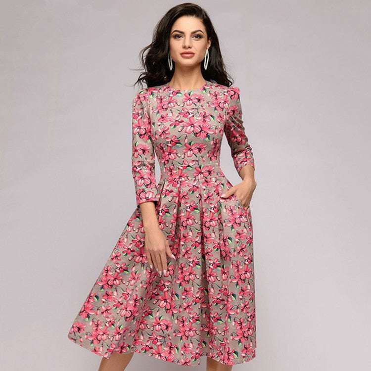 Autumn Fashion Dress, Printed Swing Dress, Three-Quarter Sleeve Dress - available at Sparq Mart