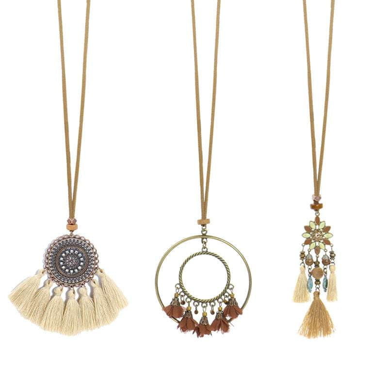 Bohemian Pendant Set, Ethnic Style Jewelry, Tassel Flower Necklace - available at Sparq Mart