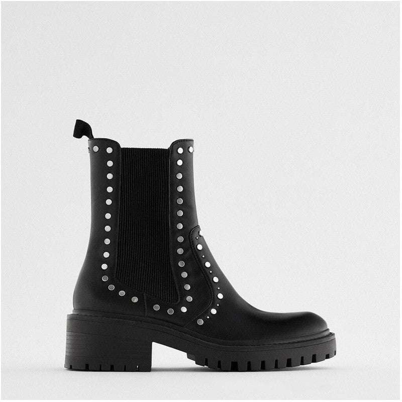 Chunky Heel Booties, Rivet Martin Boots, Trendy Black Booties - available at Sparq Mart