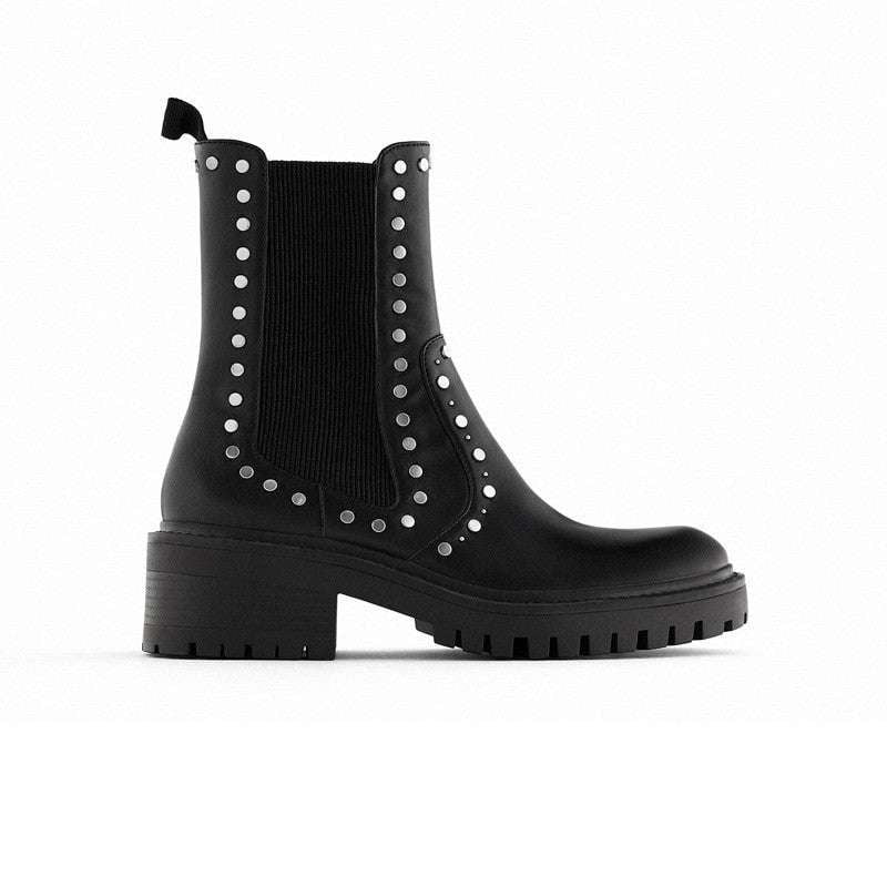 Chunky Heel Booties, Rivet Martin Boots, Trendy Black Booties - available at Sparq Mart