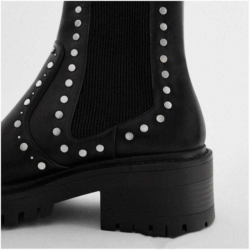 Chunky Heel Booties, Rivet Martin Boots, Trendy Black Booties - available at Sparq Mart