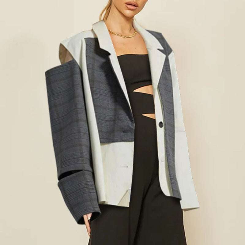 autumn plaid blazer, off-shoulder suit jacket, retro style coat - available at Sparq Mart