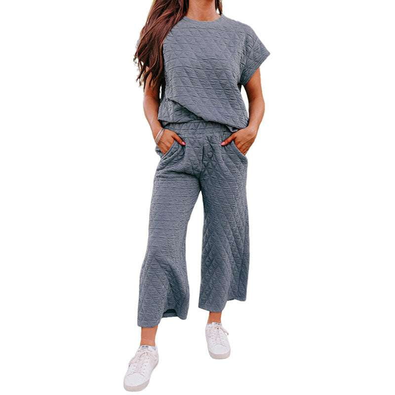 Casual Solid Tracksuit, Quilted Pantsuit Cropped, Thread Detail Loungewear. - available at Sparq Mart