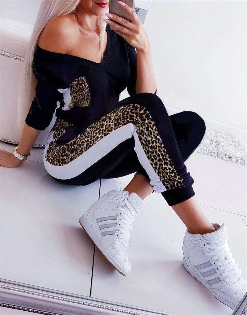 Chic V-neck Jumpsuit, Contrast Stitching Jumpsuit, Leopard Print Jumpsuit - available at Sparq Mart