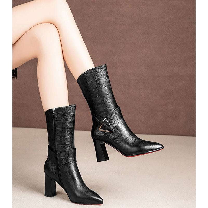 chic pointed boots, middle tube boots, plush heeled boots - available at Sparq Mart