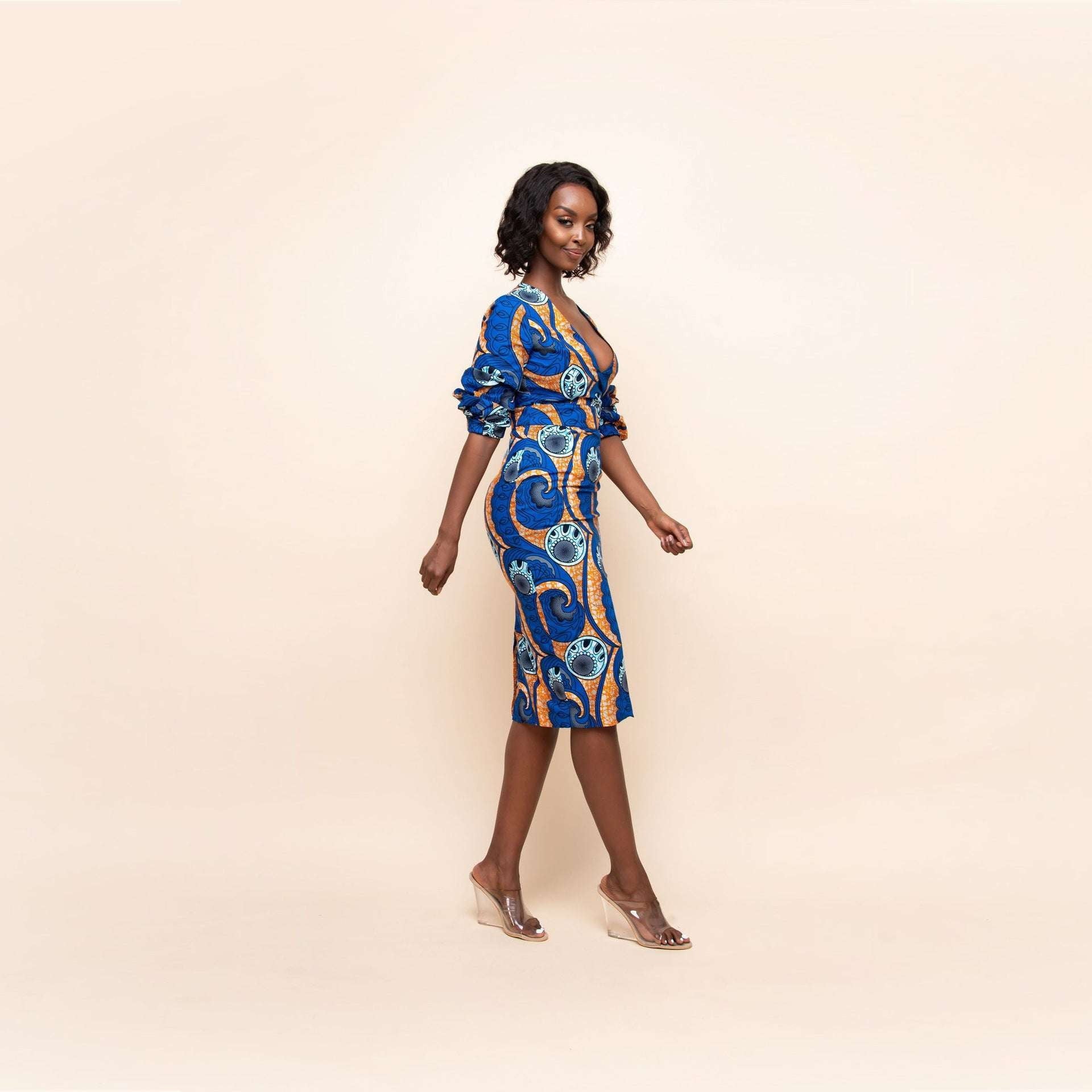 Three-Quarter Sleeve Dress, V-Neck Midi Dress, Women's Casual Midi - available at Sparq Mart