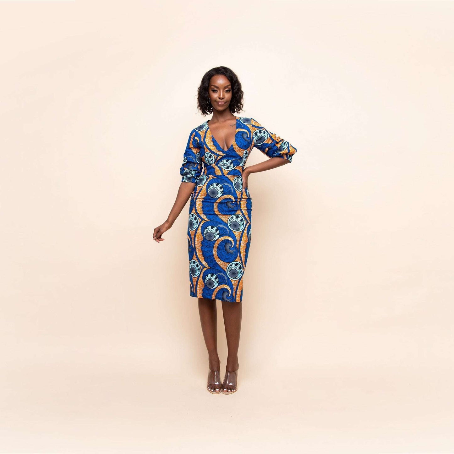 Three-Quarter Sleeve Dress, V-Neck Midi Dress, Women's Casual Midi - available at Sparq Mart