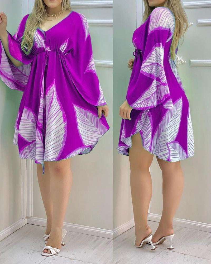 Flying Sleeve Dress, Leaf Print Summer Dress, V-neck Princess Dress - available at Sparq Mart
