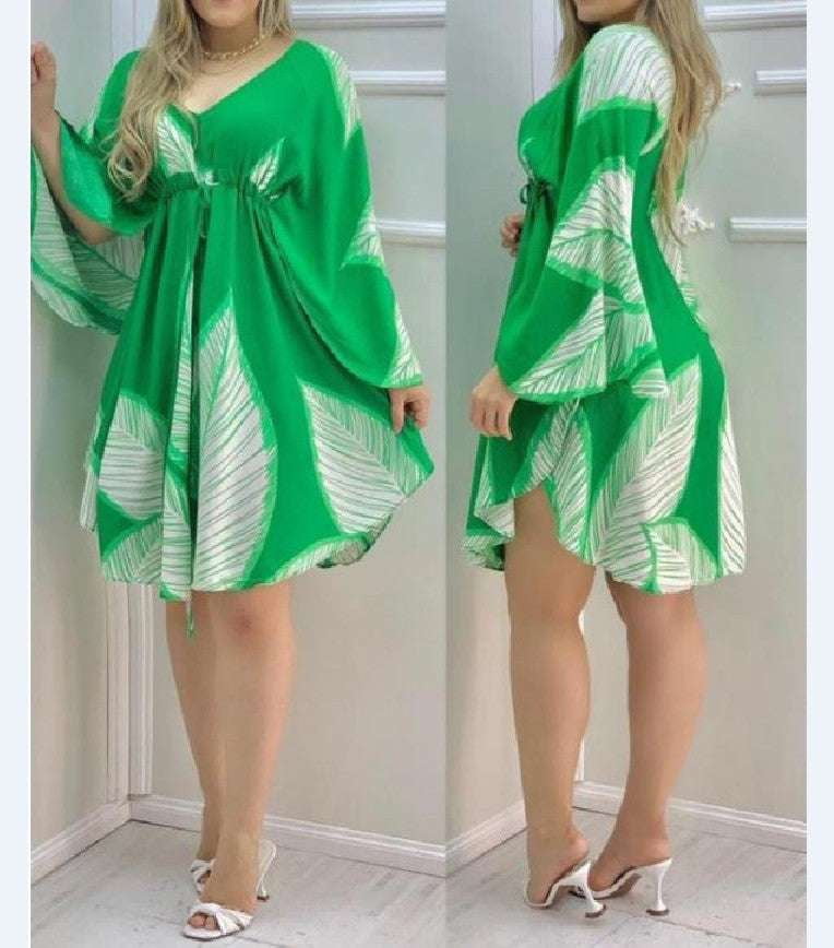 Flying Sleeve Dress, Leaf Print Summer Dress, V-neck Princess Dress - available at Sparq Mart
