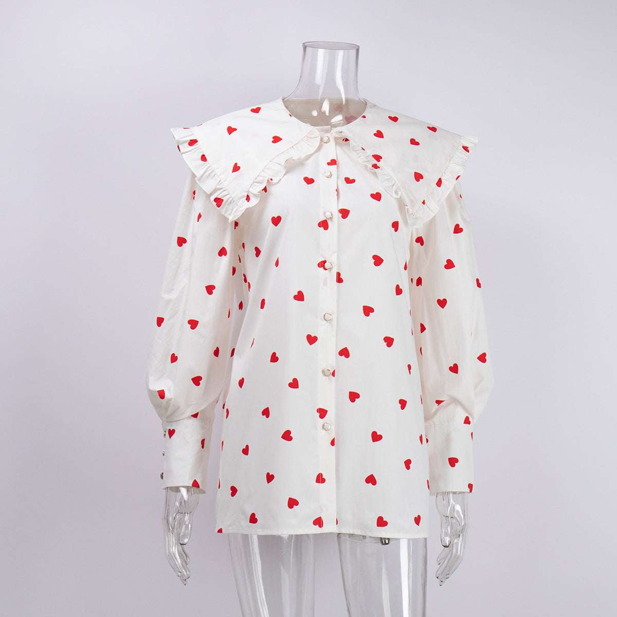 Casual Lantern Sleeve Shirt, Heart Print Cotton Top, Sweet Style Women's Top - available at Sparq Mart