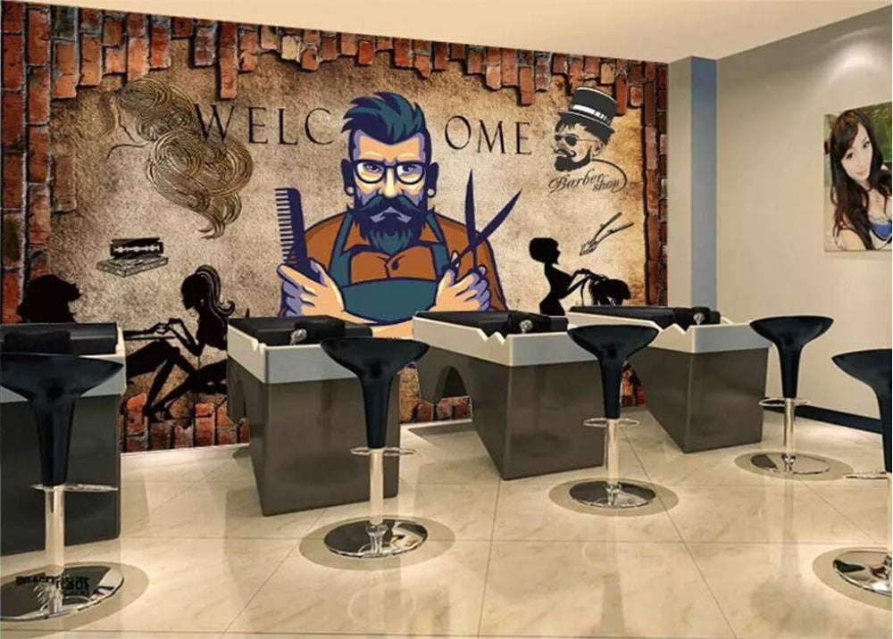 Barber Mural Wallpaper, Custom Salon Backdrop, Retro Salon Decor - available at Sparq Mart