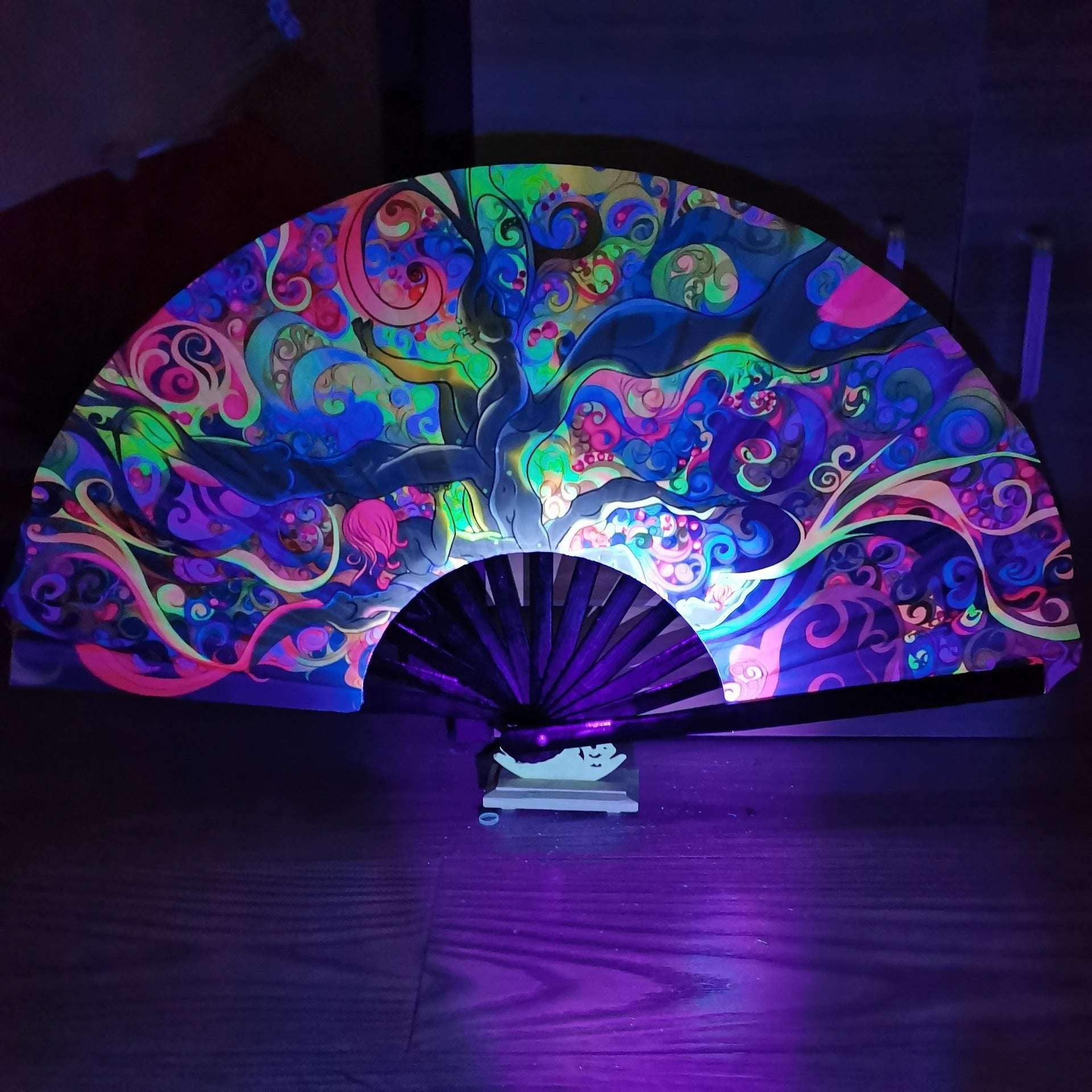 Bamboo Satin Fan, Elegant Party Accessory, UV Fluorescent Fan - available at Sparq Mart