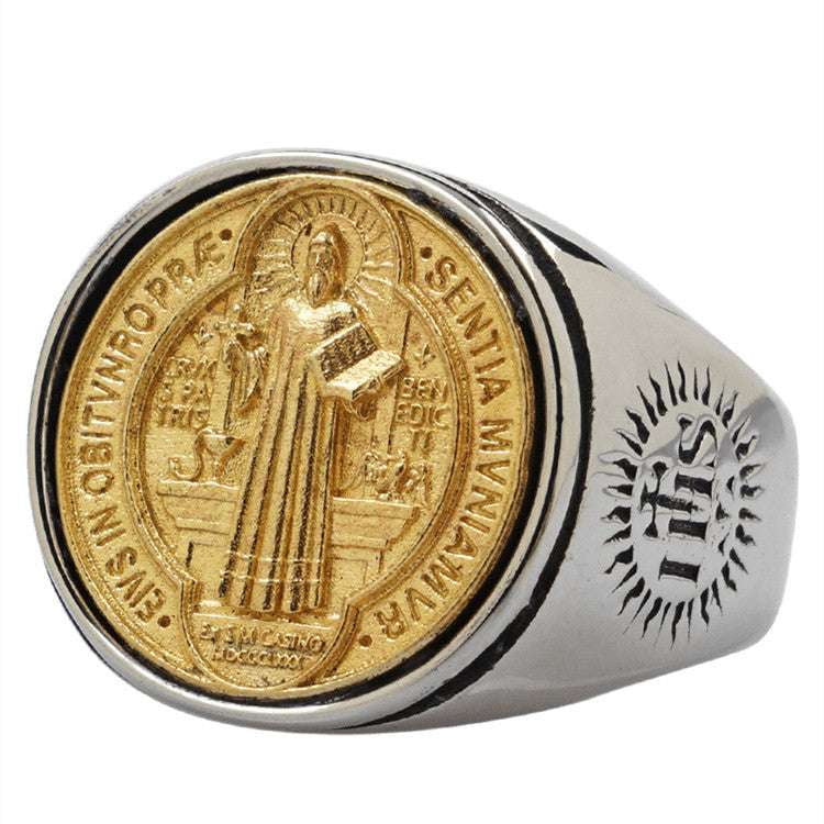 Christian Symbolism Jewelry, Men's Religious Ring, Titanium St. Benedict Ring - available at Sparq Mart