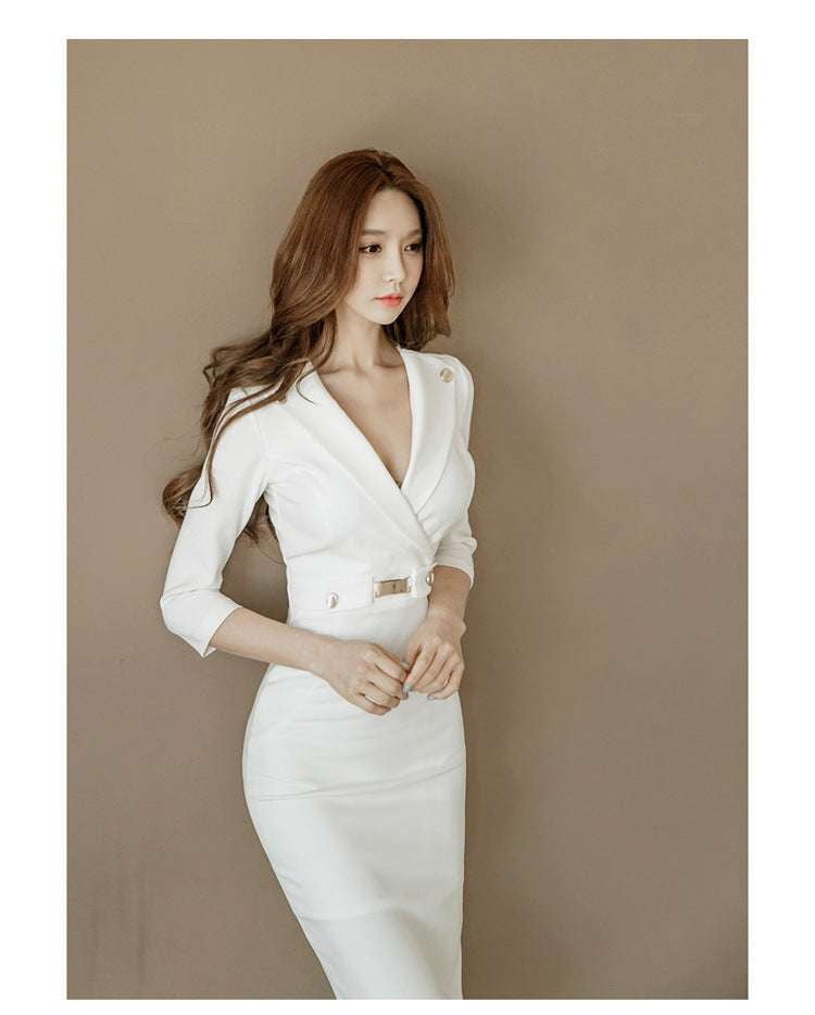 Elegant White Dress, Professional Waist Dress, Slim Fit Dress - available at Sparq Mart