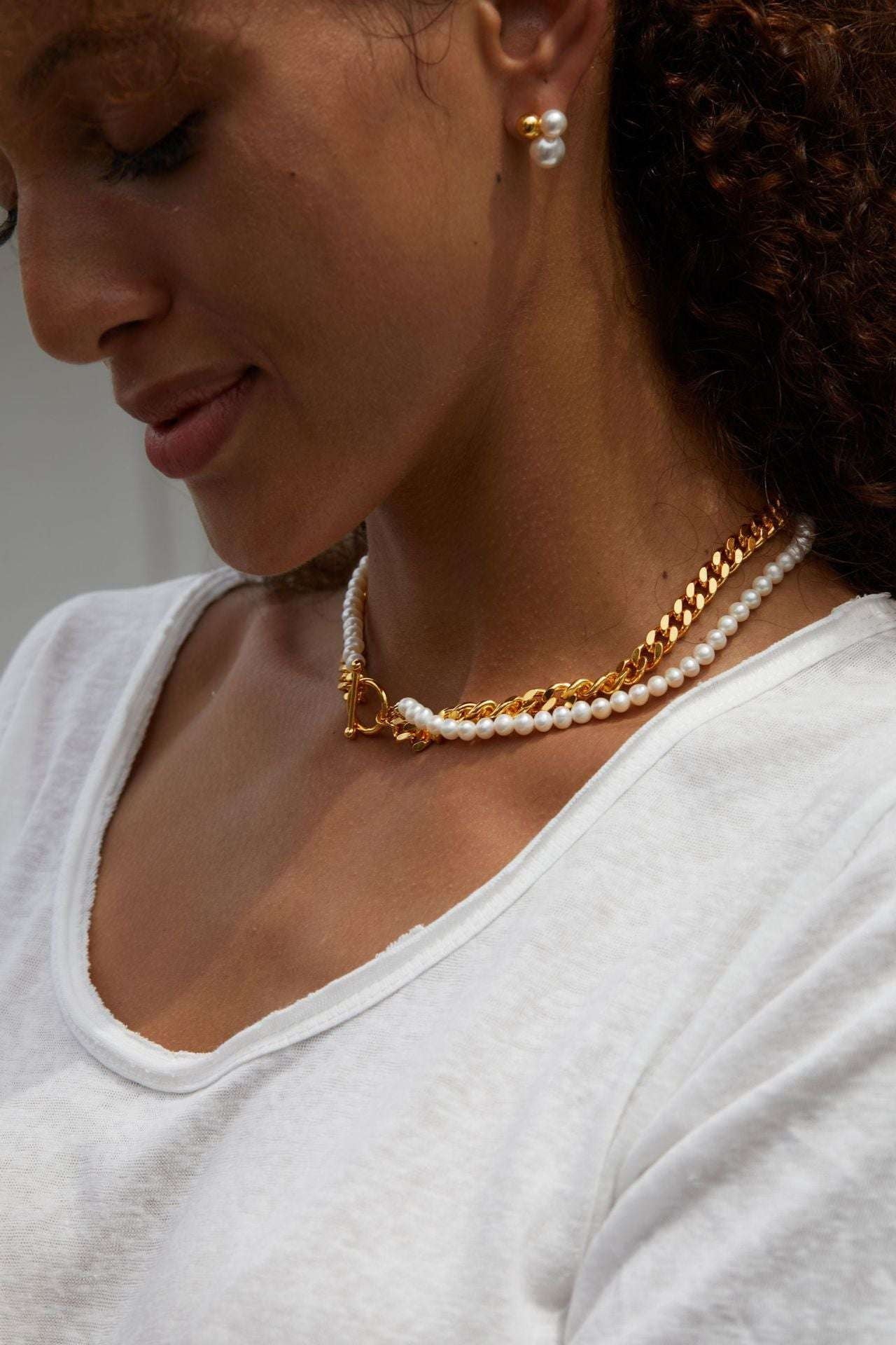 Cuban Link Chain Necklace, Freshwater Pearl Clavicle Chain, Gold Plating Pearl Necklace - available at Sparq Mart