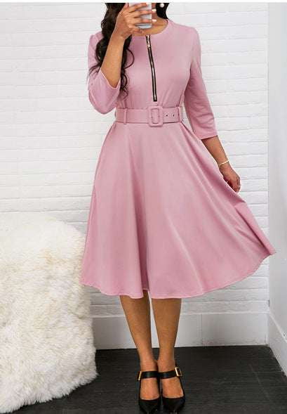 Elegant Women's Dress, Mid-Length Belted Dress, Zippered Waist Dress - available at Sparq Mart