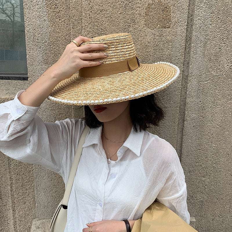 Elegant Straw Hat, Natural Big Brim, Pearl Adorned Hat - available at Sparq Mart