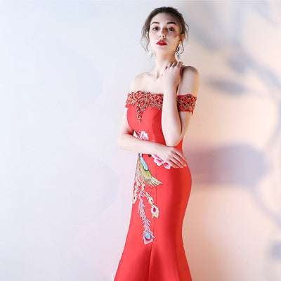 Elegant Evening Toast Attire, Satin Strapless Red Gown, Slim Fit Mermaid Gown - available at Sparq Mart