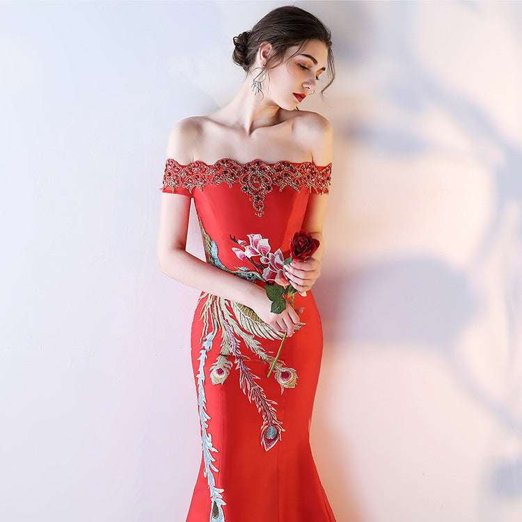 Elegant Evening Toast Attire, Satin Strapless Red Gown, Slim Fit Mermaid Gown - available at Sparq Mart