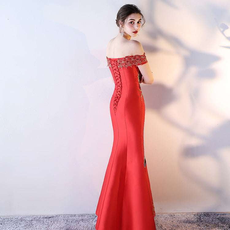 Elegant Evening Toast Attire, Satin Strapless Red Gown, Slim Fit Mermaid Gown - available at Sparq Mart