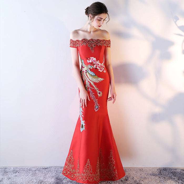 Elegant Evening Toast Attire, Satin Strapless Red Gown, Slim Fit Mermaid Gown - available at Sparq Mart