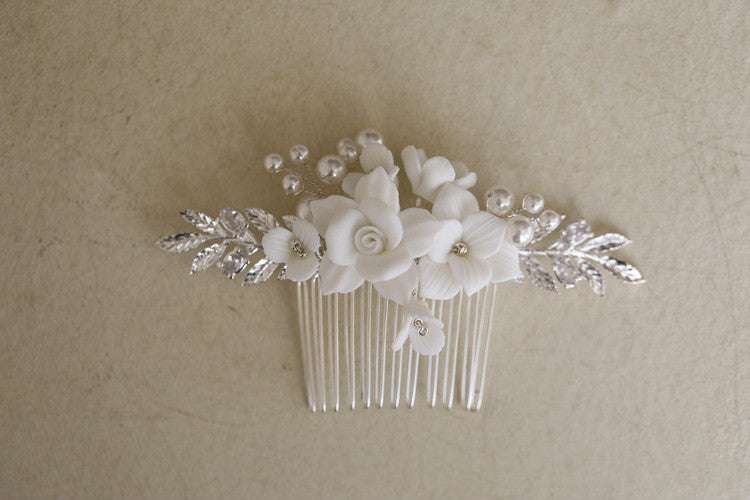 Ceramic Flower Hair Accessories, Elegant Hair Accessories, Silver Hair Accessories - available at Sparq Mart