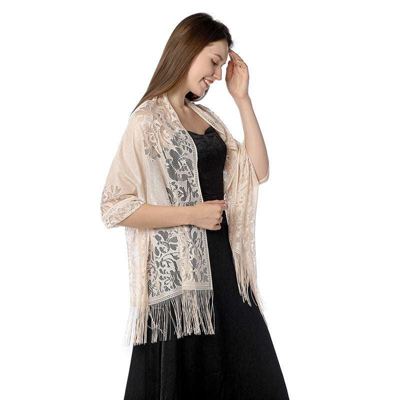 Bridesmaid Shawl Accessory, Elegant Lace Shawl, Evening Tassel Wrap - available at Sparq Mart