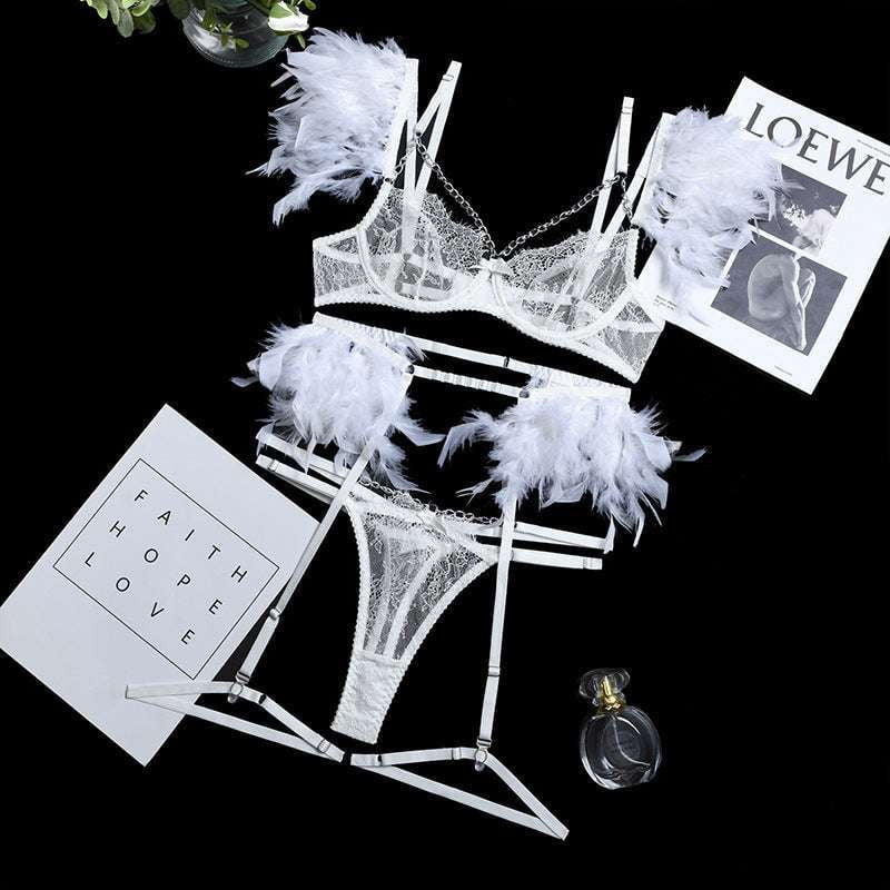 Feather Eyelash Intimates, Lace Lingerie Set, Three-Piece Underwear - available at Sparq Mart