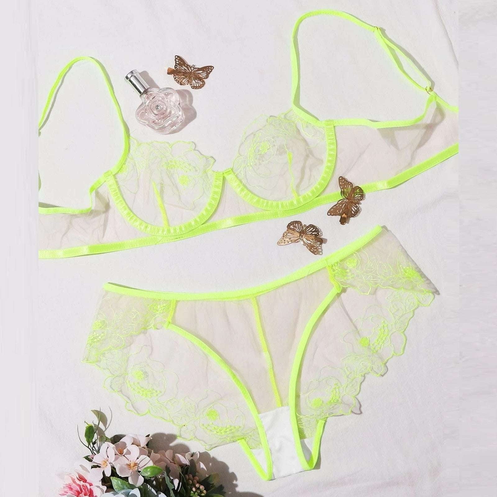 Embroidered Lingerie Set Sheer Mesh Intimates Elegant Boudoir Wear - available at Sparq Mart