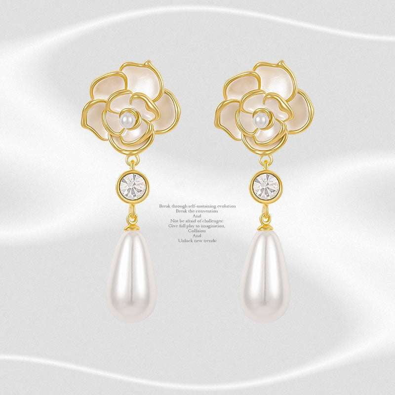 Classic Camellia Earrings, Elegant Stud Earrings, French Pearl Studs - available at Sparq Mart