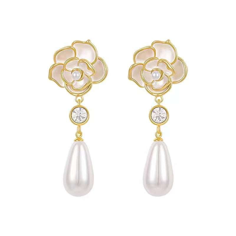 Classic Camellia Earrings, Elegant Stud Earrings, French Pearl Studs - available at Sparq Mart