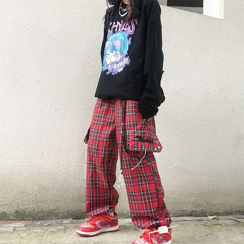 Harajuku Wide Leg, High Waist Plaid, Retro Straight Pants - available at Sparq Mart