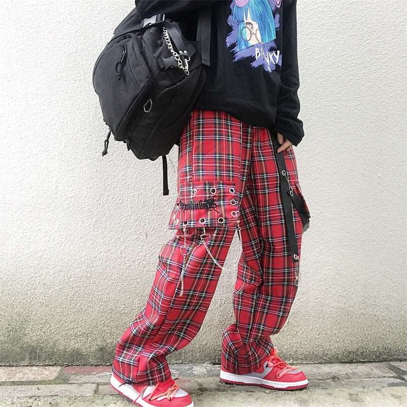 Harajuku Wide Leg, High Waist Plaid, Retro Straight Pants - available at Sparq Mart