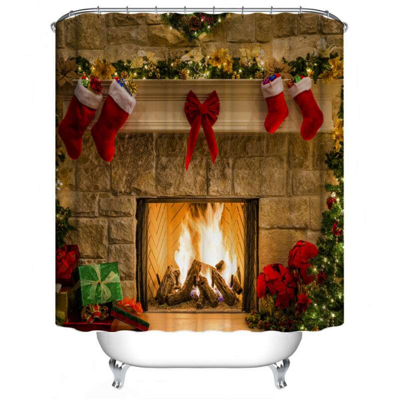 Christmas shower curtain, fireplace shower curtain, four piece suit - available at Sparq Mart