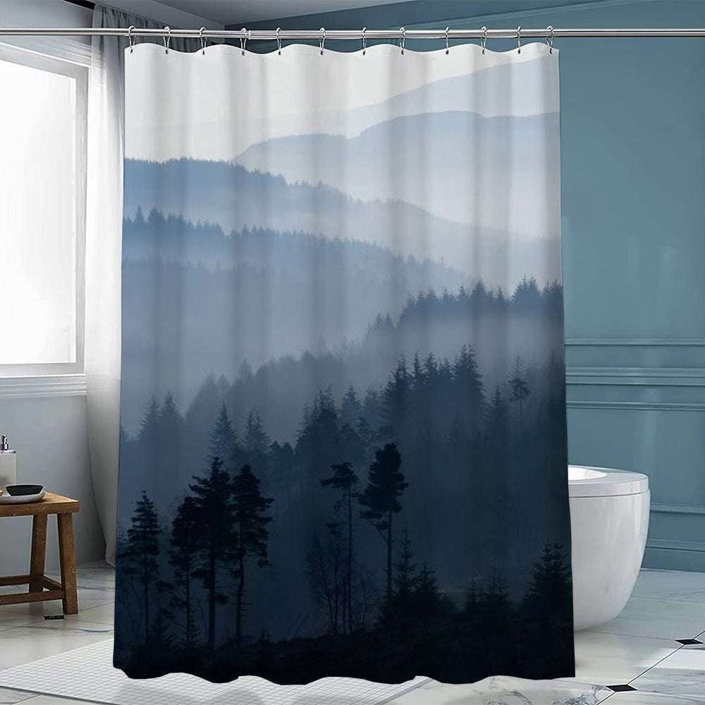 artistic shower decor, ink forest curtain, polyester curtain hook - available at Sparq Mart