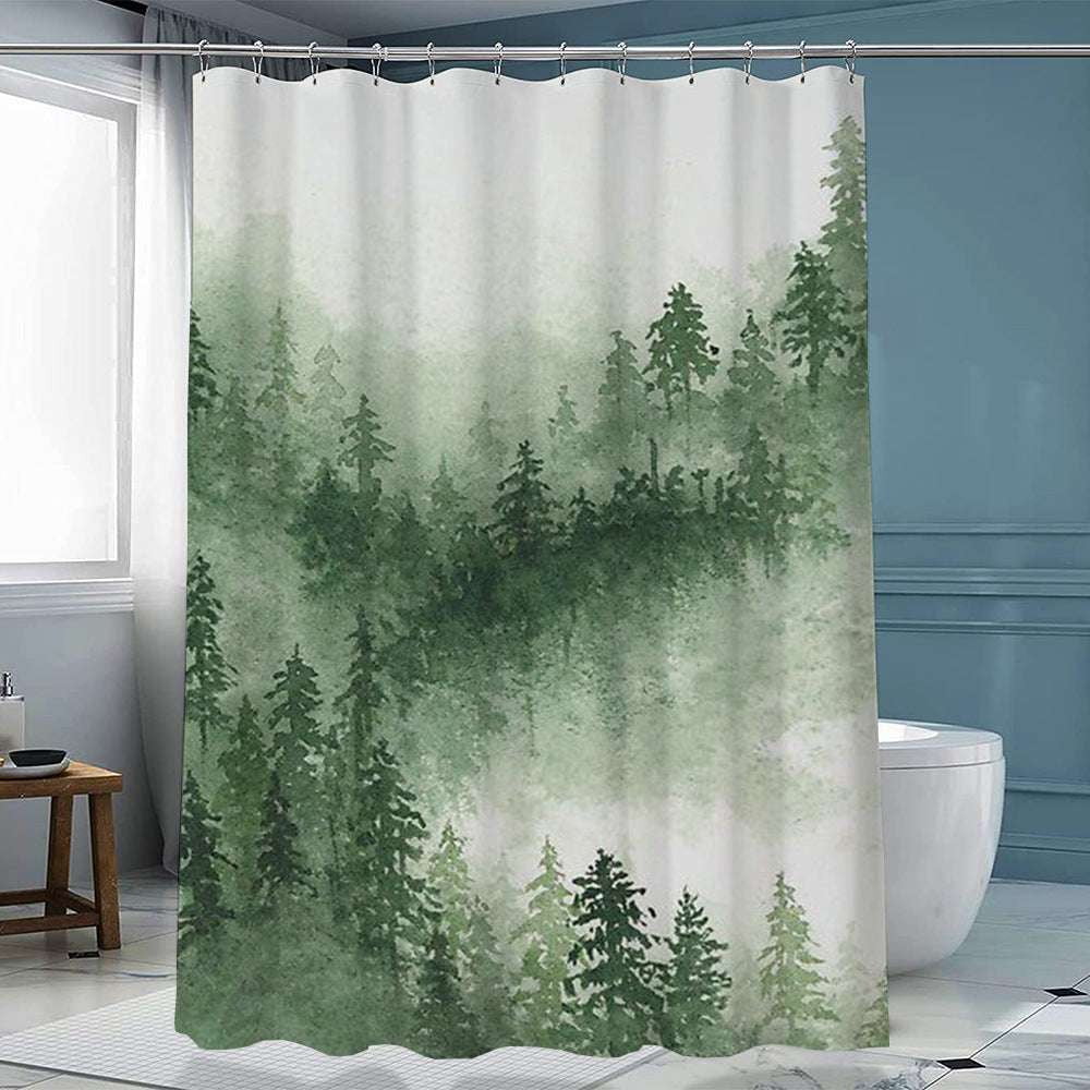 artistic shower decor, ink forest curtain, polyester curtain hook - available at Sparq Mart