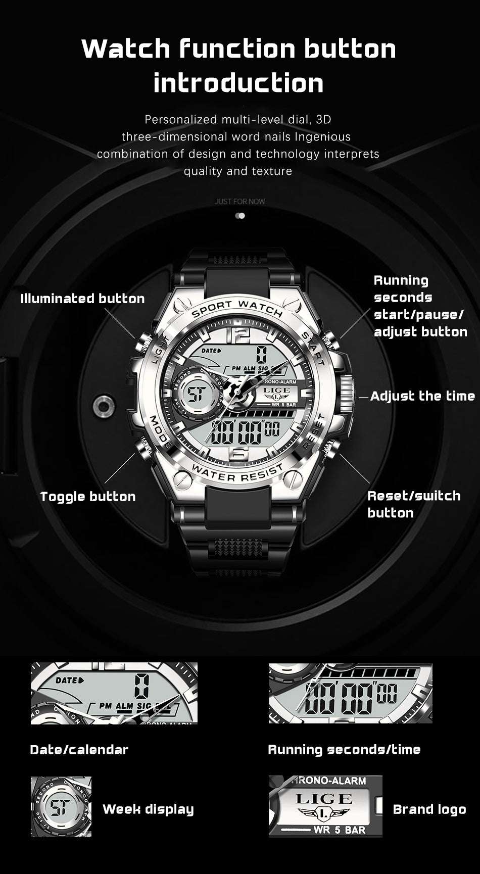 LIGE 8922 Watch, Military LED Watch, Rugged Elegant Watch, Waterproof Digital Watch - available at Sparq Mart