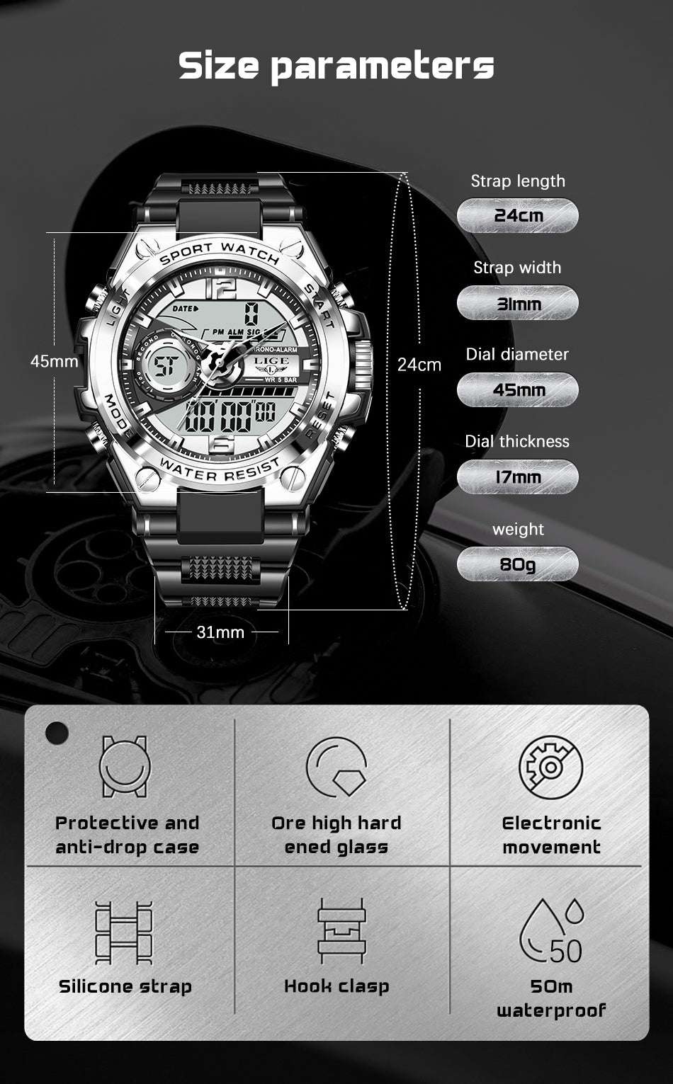 LIGE 8922 Watch, Military LED Watch, Rugged Elegant Watch, Waterproof Digital Watch - available at Sparq Mart