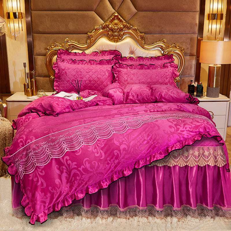 Luxurious bed skirt, Quilted four-piece, Velvet bedding set - available at Sparq Mart