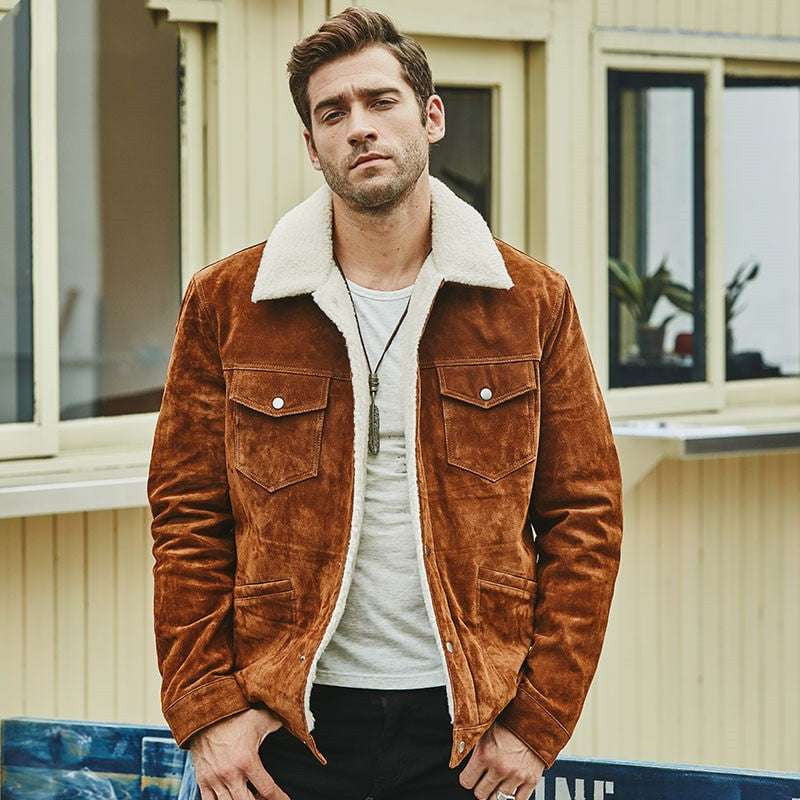 brown leather coat, cotton padded jacket, men's leather jacket - available at Sparq Mart