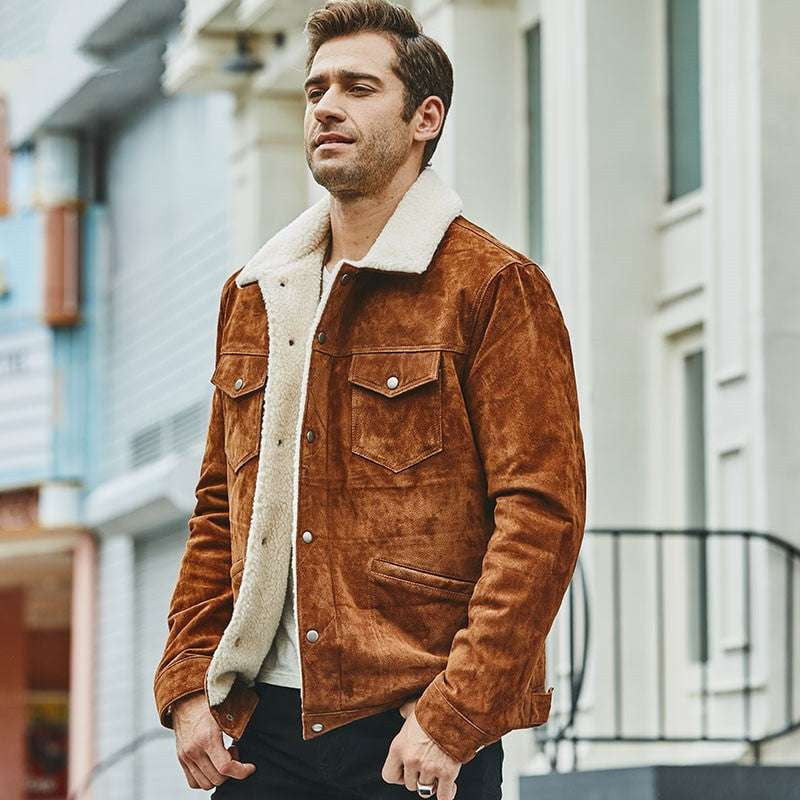 brown leather coat, cotton padded jacket, men's leather jacket - available at Sparq Mart