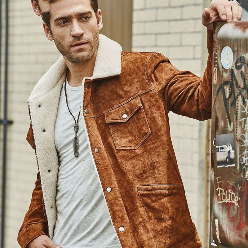 brown leather coat, cotton padded jacket, men's leather jacket - available at Sparq Mart