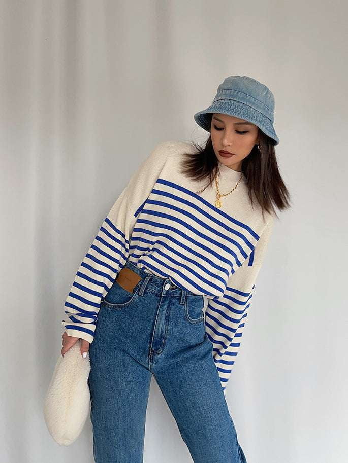 Long Sleeve Sweater, Navy Striped Sweater, Striped Crewneck Sweater - available at Sparq Mart