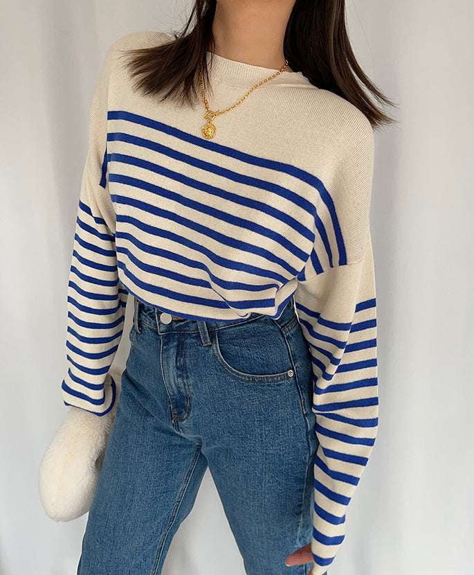 Long Sleeve Sweater, Navy Striped Sweater, Striped Crewneck Sweater - available at Sparq Mart