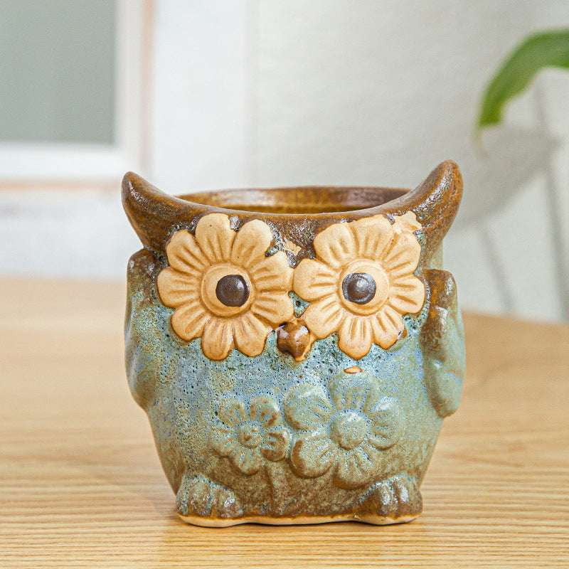 Kiln-Changed Pottery, Owl Planter Set, Succulent Basin Decor - available at Sparq Mart