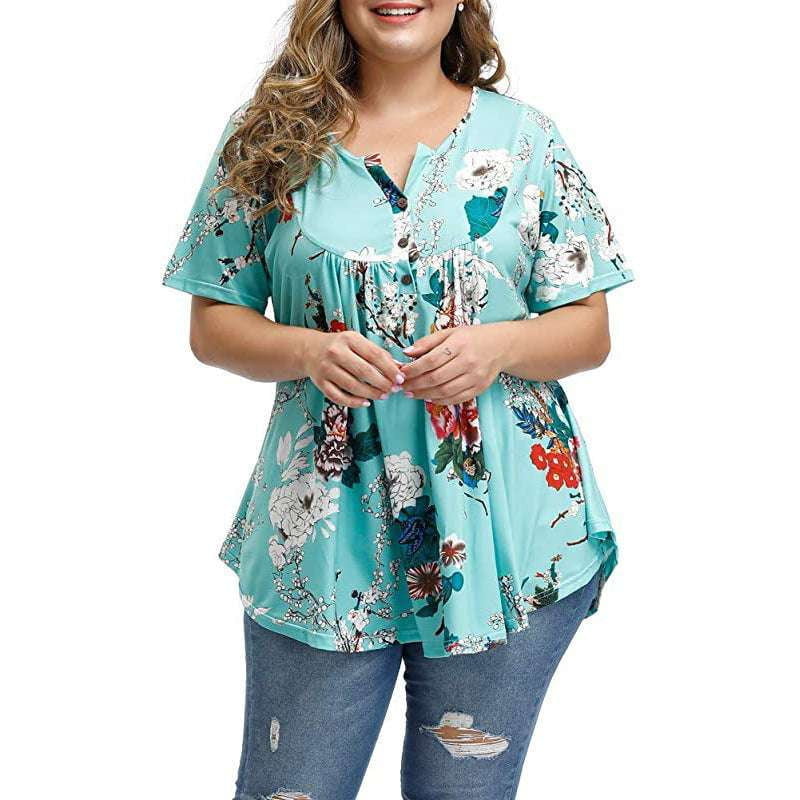 Plus Size Fashion, Printed Sleeve Blouse, V-Neck Floral Top - available at Sparq Mart