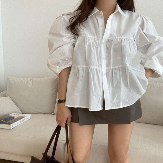 Lapel Puff Shirt, Pleated Sleeve Blouse, Versatile Elegant Top - available at Sparq Mart