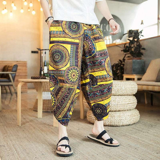 Beach Casual Pants, Men's Cropped Trousers, Retro Print Bloomers - available at Sparq Mart