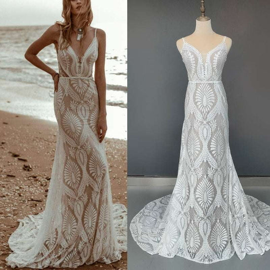 Backless Boho Wedding Dress, Bohemian Wedding Dress, Lace Beach Bridal Gown - available at Sparq Mart