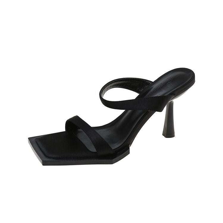 Black Open-Toe Slippers, Elegant Outdoor Heels, Satin Ankle Stilettos - available at Sparq Mart